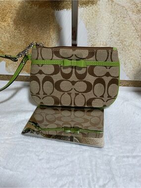 Coach Brown Signature Canvas Wristlet with Lime Trim